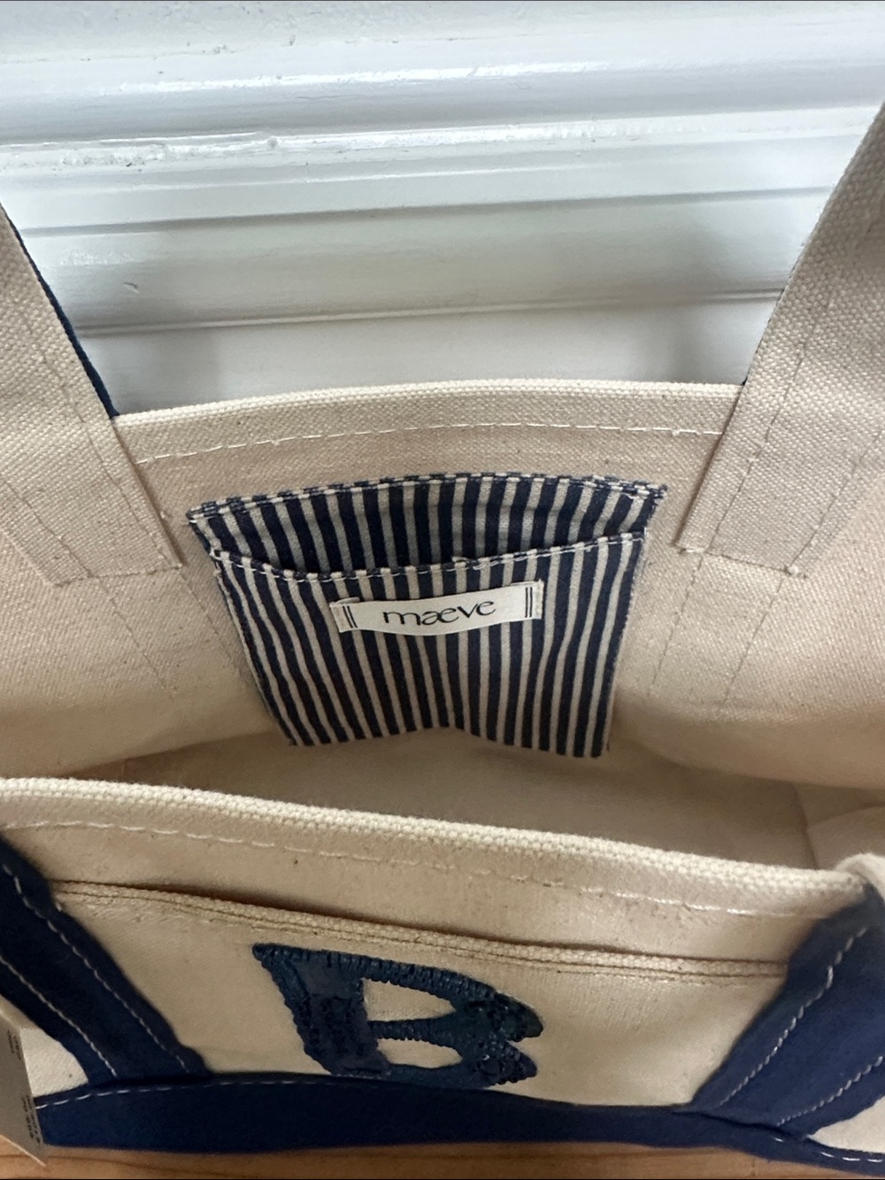Anthropologie Canvas Tote with Navy Trim and Sequin 'B' - Picture 4 of 5